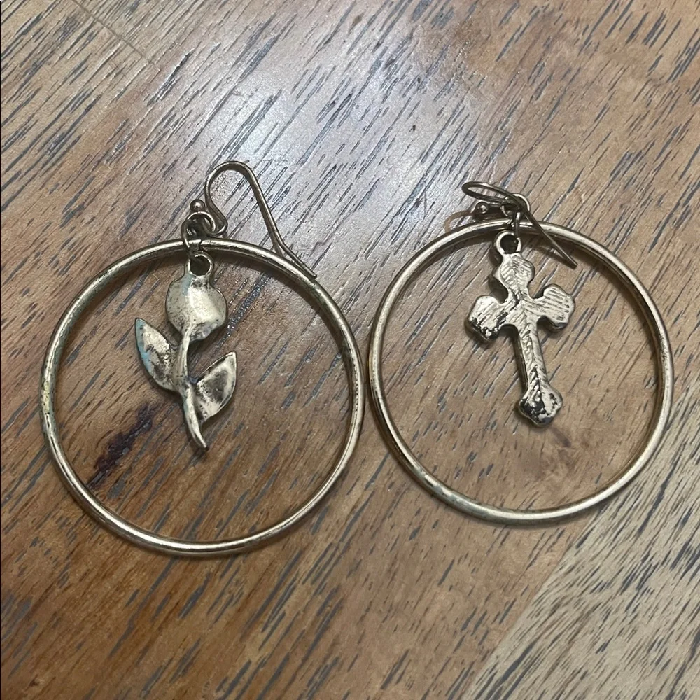 Vintage Gold Hoop Earrings Crystal Rose and Cross Charms Mismatched Jewelry